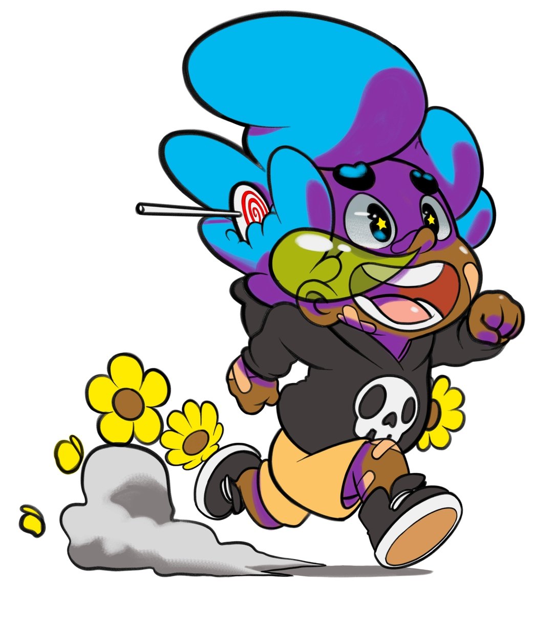 Paperfrank character running with yellow flowers